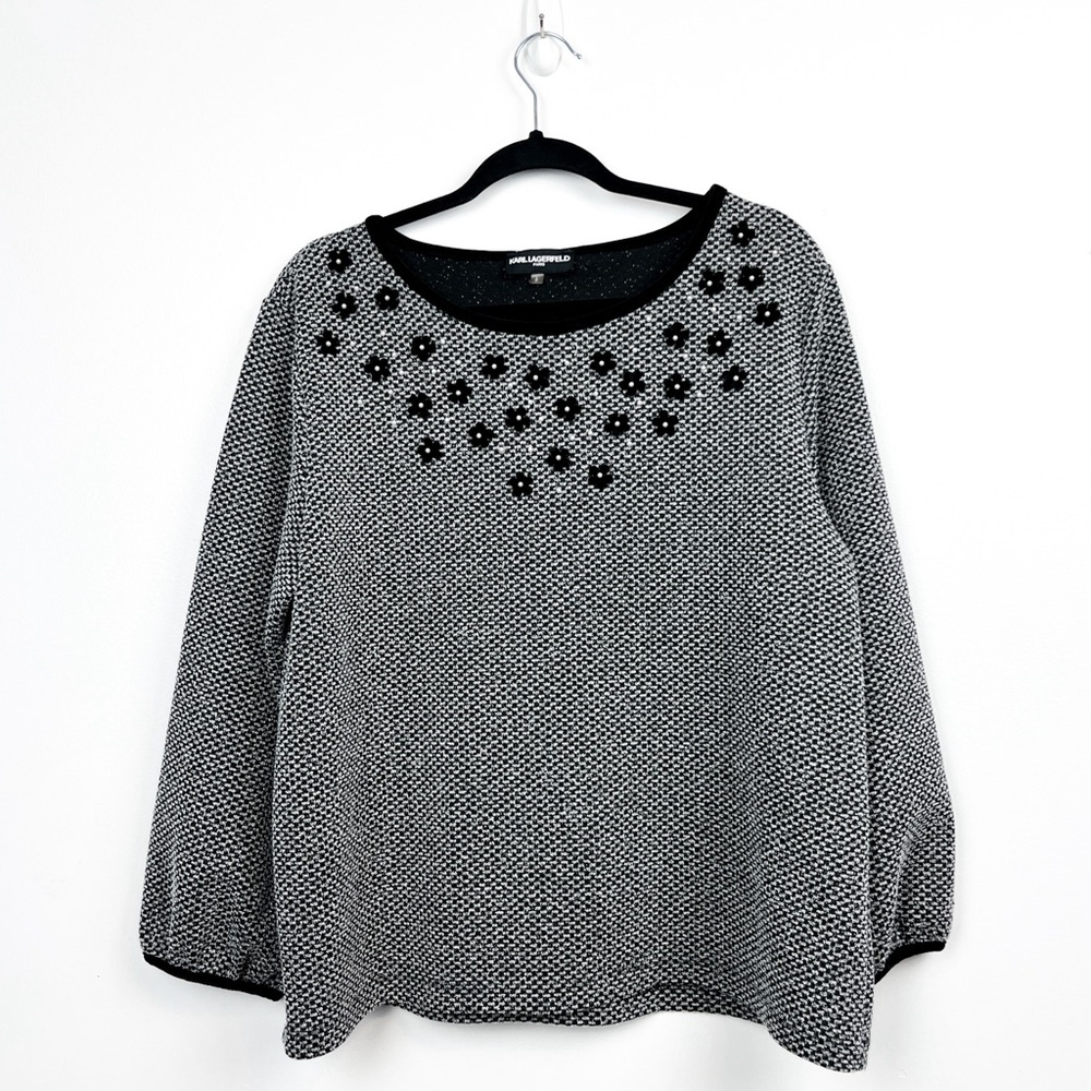 Karl Lagerfeld Black & White Sweater with Floral Embellishments